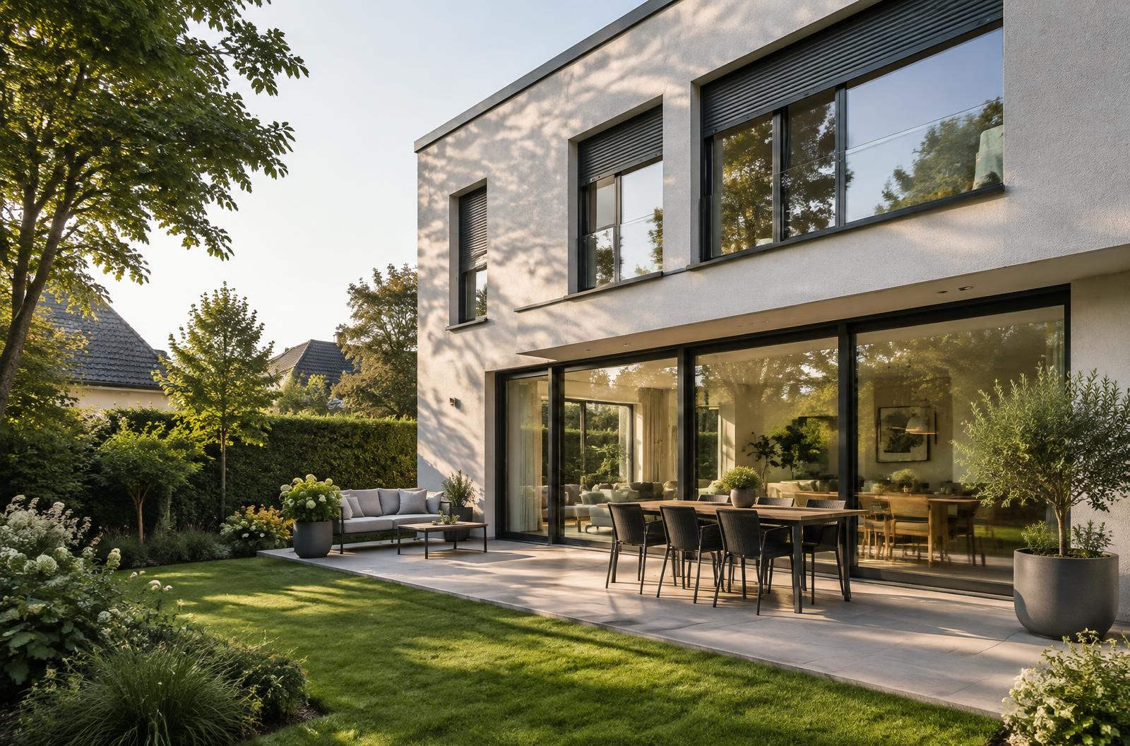 Modernes Wohnhaus mit großen Fenstern und Rollladen