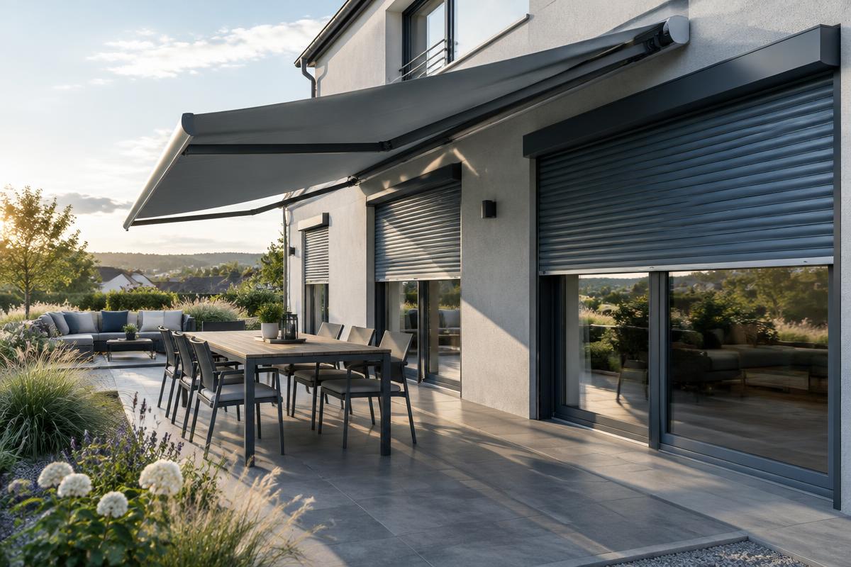 Terrasse mit ausgefahrener Markise