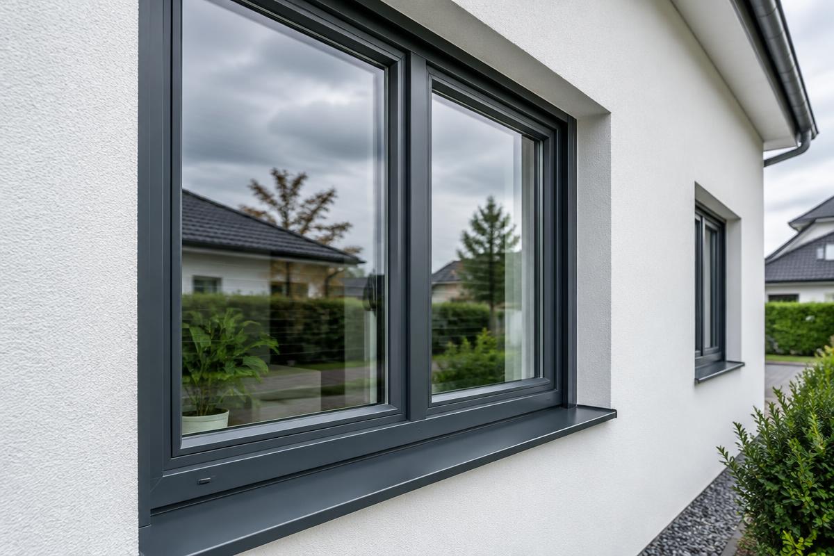 Anthrazitfarbenes Fenster in einer hellen Hausfassade